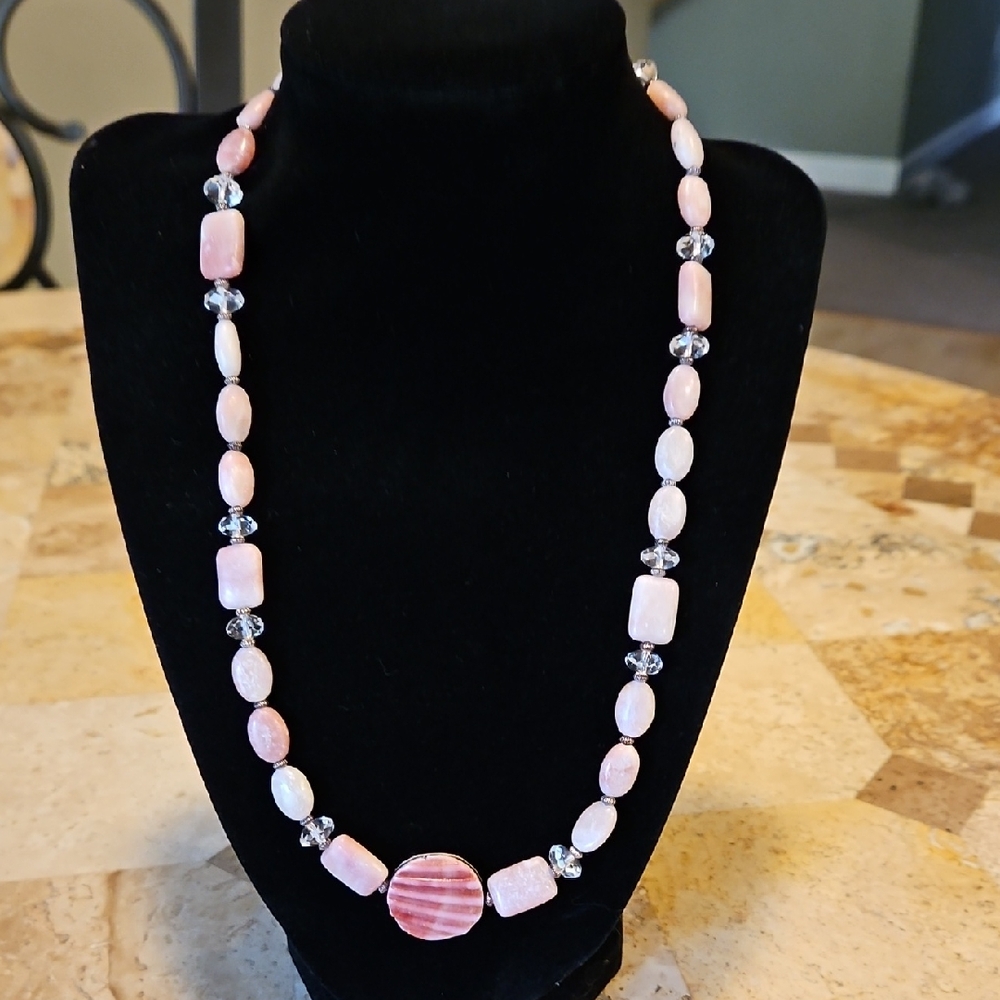 Pink Opal Quartz Sterling Silver Necklace 20 In 925